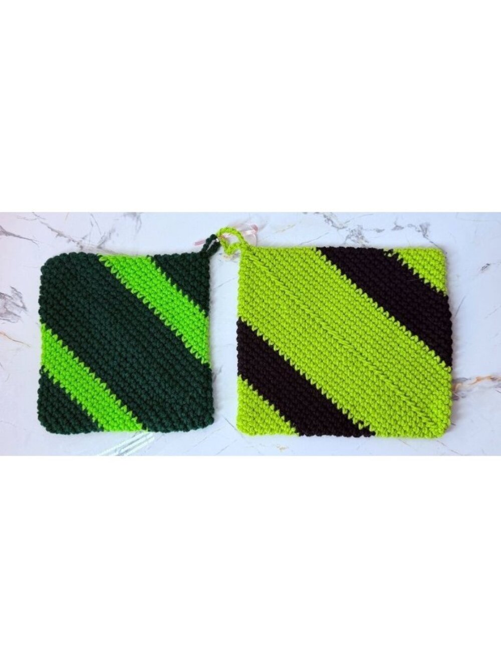 Hand-Crocheted Diagonal Stripe Pot Holder Set - Green & Black Heat-Resistant Kit